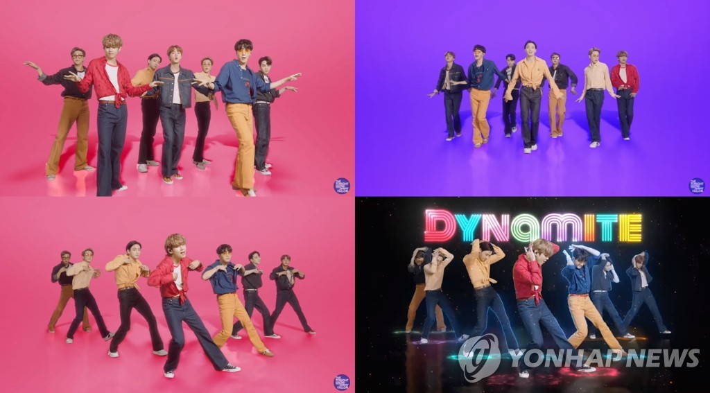 This combined image, provided by Big Hit Entertainment on Sept. 29, 2020, shows K-pop group BTS performing "Dynamite" for the "BTS Week" special on NBC's "The Tonight Show Starring Jimmy Fallon" in the United States. (PHOTO NOT FOR SALE) (Yonhap)