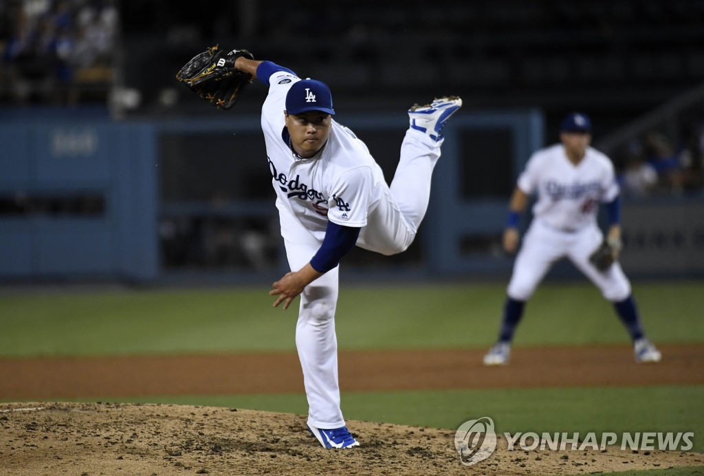 In this Getty Images file photo from Sept. 4, 2019, Ryu Hyun-jin of the Los Angeles Dodgers throws a pitch against the Colorado Rockies in the top of the fourth inning of a Major League Baseball regular season game at Dodger Stadium in Los Angeles. (Yonhap)
