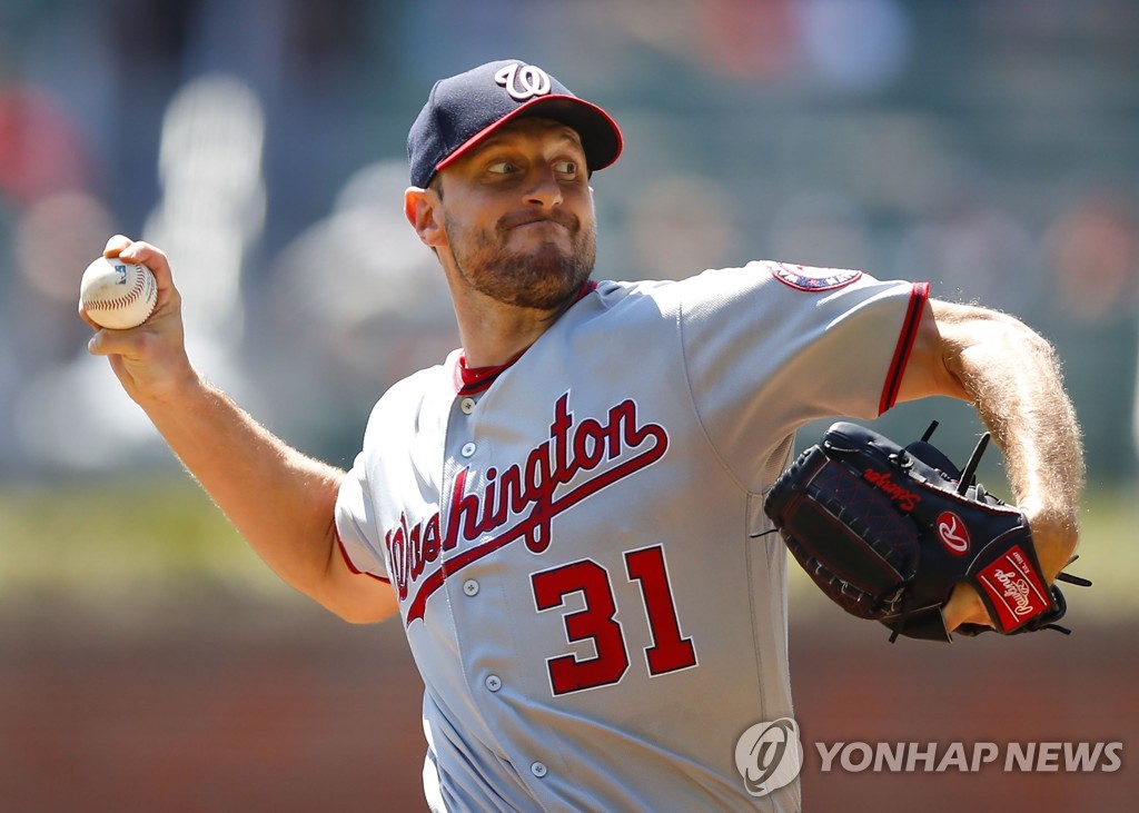 In this Getty Images photo, Max Scherzer of the Washington Nationals throws a pitch against the Atlanta Braves in the bottom of the first inning of a Major League Baseball regular season game at SunTrust Park in Atlanta on Sept. 8, 2019. (Yonhap)