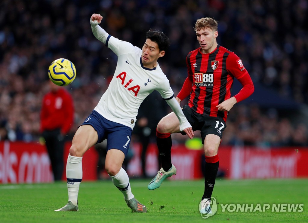 In this Reuters photo, Son Heung-min of Tottenham Hotspur (L) battles Jack Stacey of Bournemouth for the ball during the teams' Premier League match at Tottenham Hotspur Stadium in London on Nov. 30, 2019. (Yonhap)