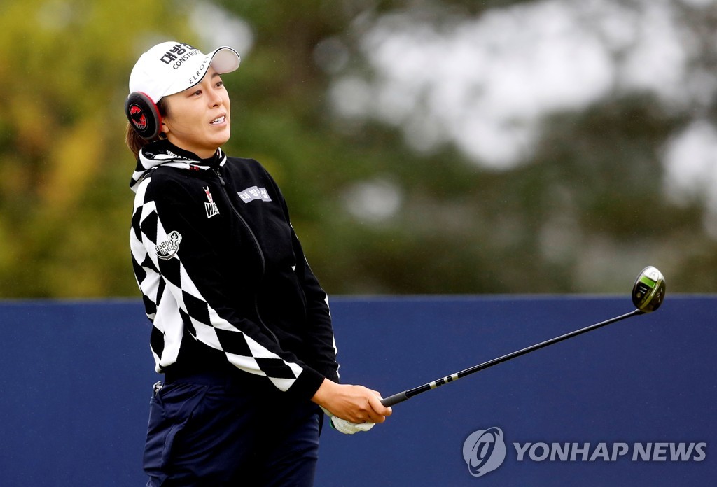 In this Action Images photo via Reuters, Hur Mi-jung of South Korea hits a shot during the first round of the AIG Women's Open at Carnoustie Golf Links in Carnoustie, Scotland, on Aug. 19, 2021. (Yonhap)