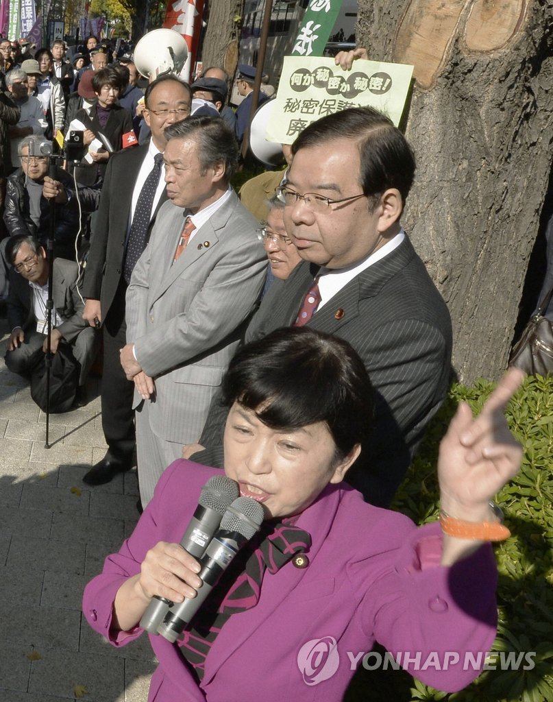 '비밀보호법안 반대' 거리로 나선 日야당 당수
(도쿄 교도=연합뉴스) 일본 아베 신조(安倍晋三) 정권이 알권리 침해 논란 속에 추진 중인 특정비밀보호법안이 26일 중의원(하원)의 소관 위원회인 국가안전보장특별위원회에서 찬성 다수로 가결됐다. 후쿠시마 미즈호(福島瑞穗) 사민당 전 당수(맨 앞 마이크 든 사람)와 시이 가즈오(志位和夫) 일본공산당 위원장(앞에서 두번째)이 도쿄의 국회의사당 근처에서 시민들과 함께 항의 집회를 열고 있다.
2013.11.26 <<국제뉴스부 기사참조>>
jhcho@yna.co.kr