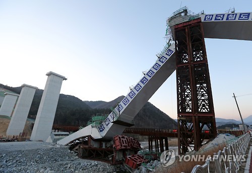 기울어진 원주∼강릉 철도 남대천 아치교각