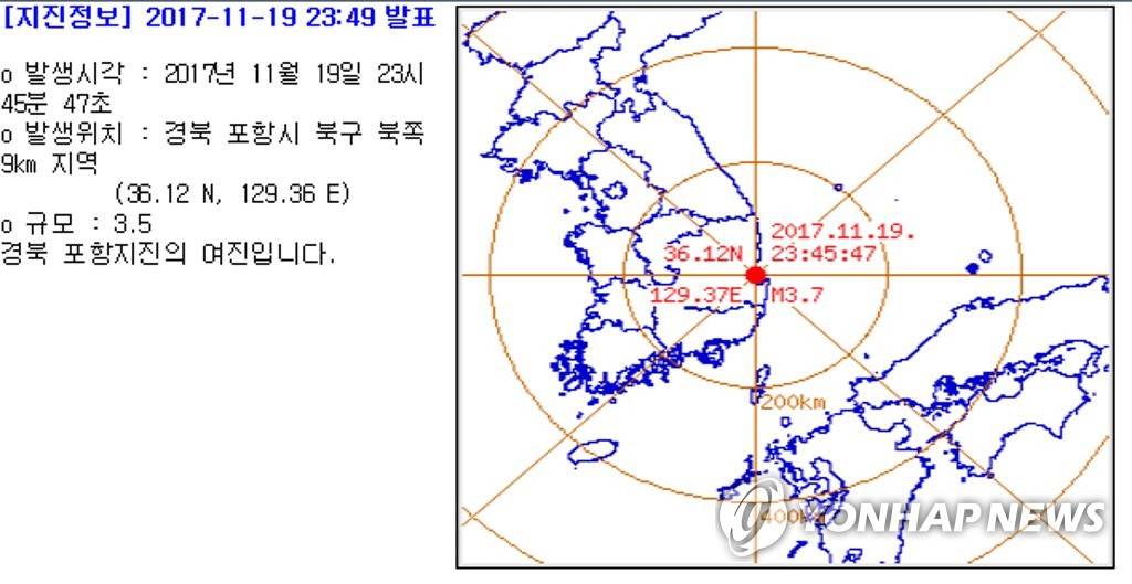 경북 포항시 북구 북쪽 9km 지진 규모 3.5