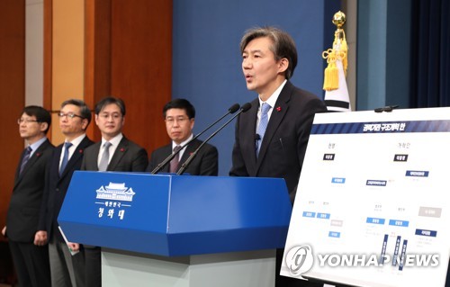 2018년 1월 14일 조국 당시 민정수석이 청와대 춘추관 대브리핑실에서 국정원, 검찰, 경찰 등 권력기관 개혁 방안을 발표하고 있다. 백원우 당시 민정비서관(오른쪽 2번째)과 박형철 반부패비서관(오른쪽 3번째)이 도열해있다.