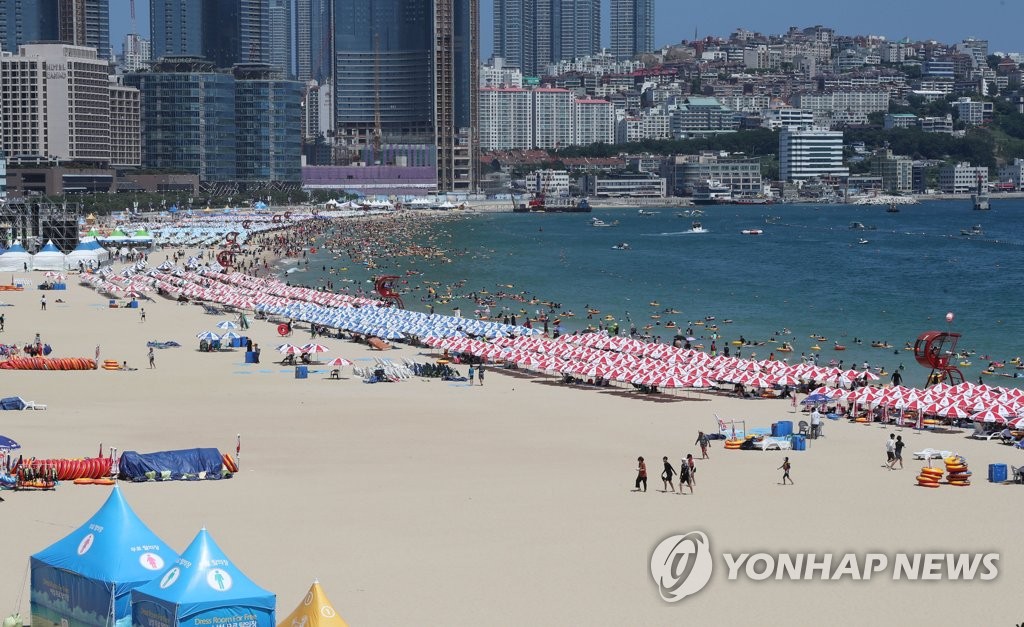 해변 앞자리는 전부 파라솔 차지