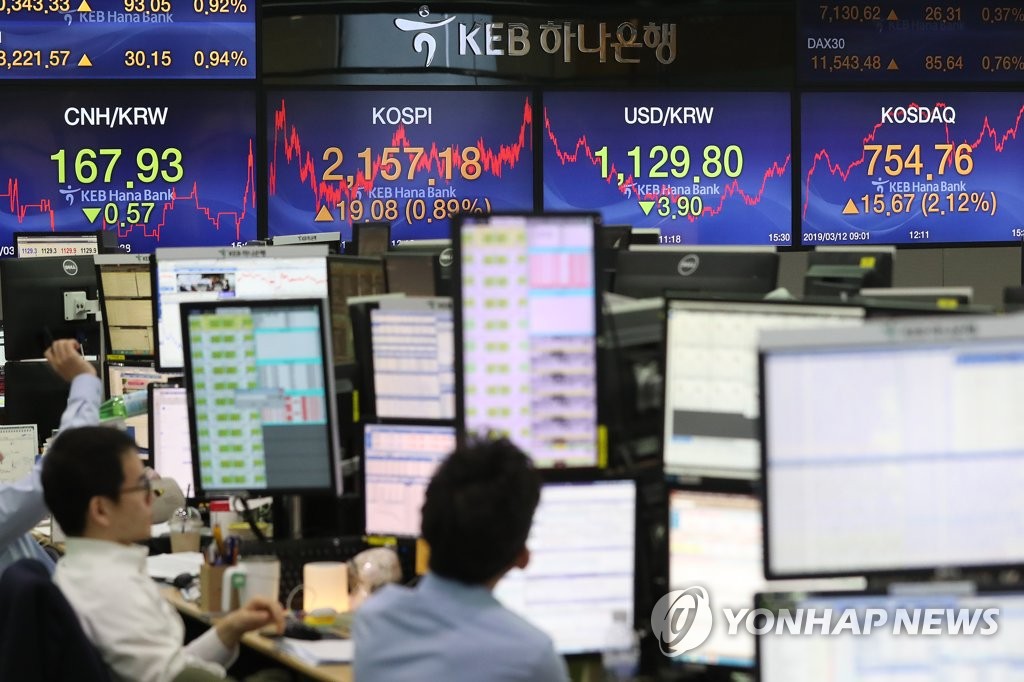 Dealers at KEB Hana Bank in downtown Seoul check monitors on March 12, 2019. (Yonhap)
