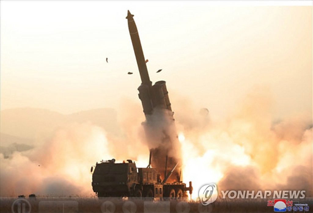 North Korea fires a "super-large" multiple rocket launcher in a photo released by the Korean Central News Agency on Nov. 1, 2019. (For Use Only in the Republic of Korea. No Redistribution) (Yonhap)