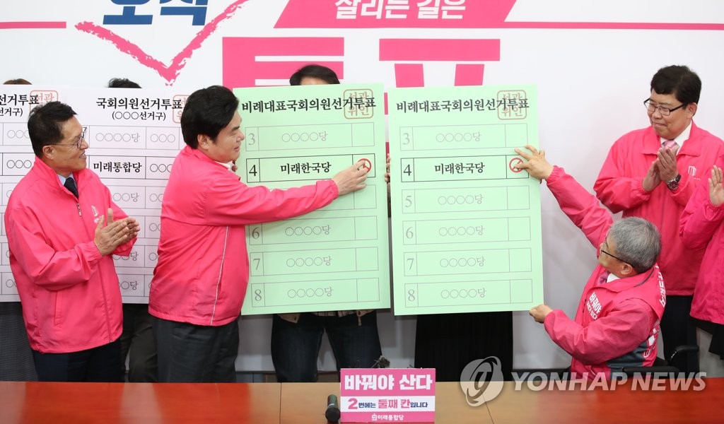 미래통합당-미래한국당 '둘째 칸 찍기' 퍼포먼스