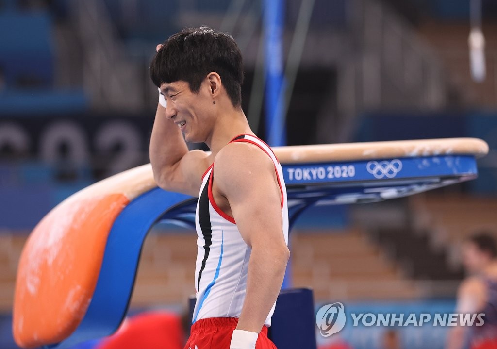 South Korean artistic gymnast Yang Hak-seon reacts to his landing during a vault practice at Ariake Gymnastics Centre in Tokyo ahead of the Tokyo Olympics on July 21, 2021. (Yonhap)