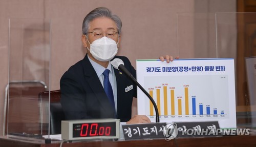미분양 물량 변화 자료 들고 답변하는 이재명 경기도지사