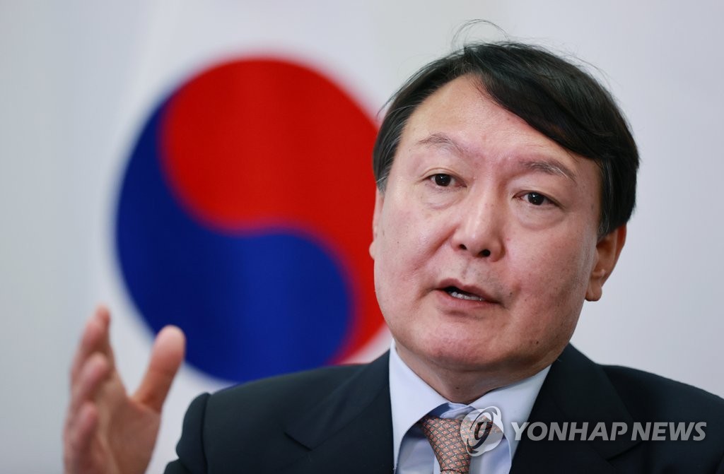 Yoon Seok-youl, the presidential candidate of the main opposition People Power Party, speaks during an interview with Yonhap News Agency at his campaign's office in Seoul on Nov. 7, 2021. (Yonhap)