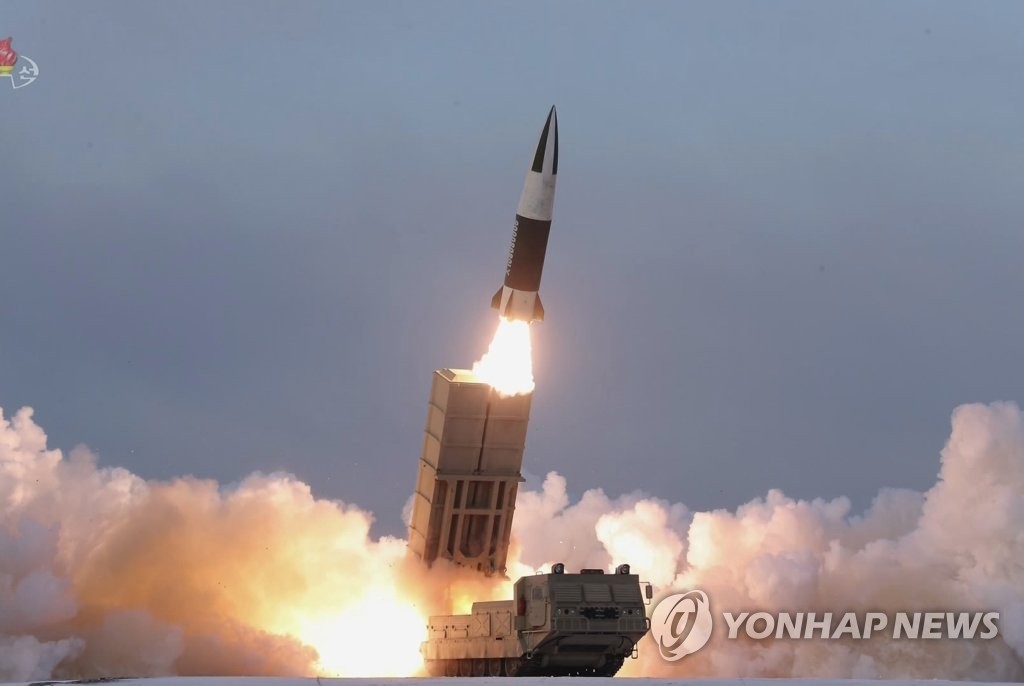 This photo, captured from North Korea's Central TV on Jan. 18, 2022, shows one of two tactical guided missiles that the North test-fired from a transporter erector launcher toward an island target in the East Sea the previous day. The missile appears to be the North Korean version of the U.S.' Army Tactical Missile System (ATACMS), called the KN-24. (For Use Only in the Republic of Korea. No Redistribution) (Yonhap)