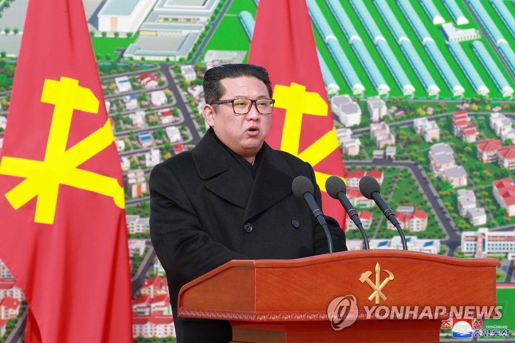 North Korean leader Kim Jong-un speaks during a groundbreaking ceremony for the construction of a greenhouse farm in the eastern province of South Hamgyong on Feb. 18, 2022, in this photo provided a day later by the North's Korean Central News Agency (KCNA). (For Use Only in the Republic of Korea. No Redistribution) (Yonhap)