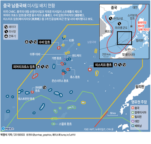[그래픽] 중국, 남중국해 스프래틀리 제도에 미사일 배치