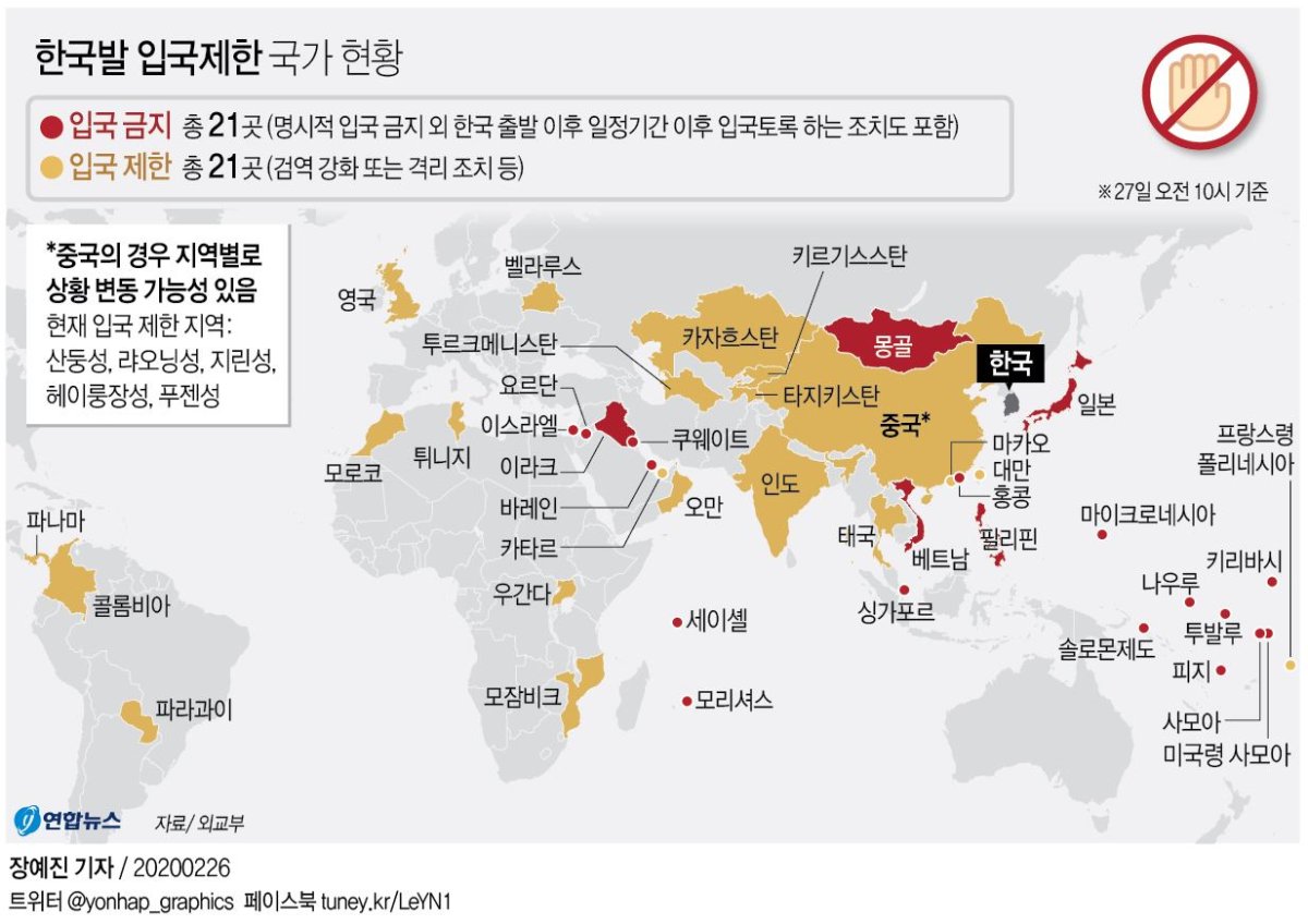 [그래픽] 한국발 입국제한 국가 현황