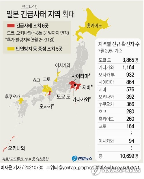 [그래픽] 일본 긴급사태 지역 확대