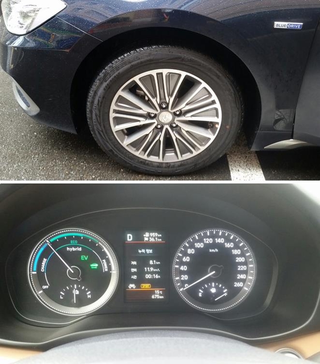 These photos, taken on April 5, 2017, show the 17-inch spoked tires (above) and the dashboard setup of the Grandeur hybrid. (Yonhap)