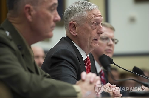 In this AFP photo, U.S. Secretary of Defense Jim Mattis speaks at a hearing of the House Armed Services Committee in Washington on June 12, 2017. (Yonhap)