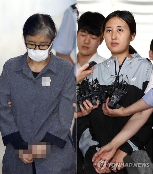 This composite photo, dated June 20, shows Choi Soon-sil (L), a close friend of former President Park Geun-hye standing trial in connection with an influence-peddling scandal; and Chung Yoo-ra (R), her 21-year-old daughter. A Seoul court has denied a request for Chung's arrest warrant for the second time, citing a lack of evidence. (Yonhap)
