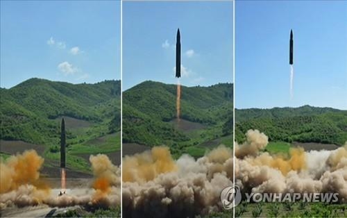 North Korea fires what it claims to be an intercontinental ballistic missile on July 4, 2017. (For Use Only in the Republic of Korea. No Redistribution) (KCNA-Yonhap) [