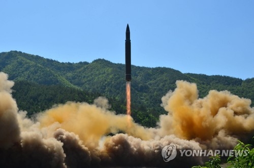 This photo, released by North Korea's Korean Central News Agency, shows Pyongyang's Hwasong-14 intercontinental ballistic missile fired from a land-based facility on July 4, 2017. (For Use Only in the Republic of Korea. No Redistribution) (Yonhap)