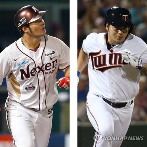 South Korean slugger Park Byung-ho has returned to the Nexen Heroes of the Korea Baseball Organization after a short and disappointing stint with the Minnesota Twins. These file photos show Park in a Nexen uniform (L) and a Twins uniform. (Yonhap)