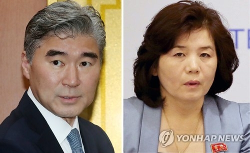 This combined file photo shows Sung Kim (L), U.S. ambassador to the Philippines, and North Korea's Vice Foreign Minister Choe Son-hui. (Yonhap)
