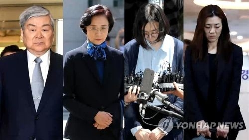 These file photos show Korean Air Chairman Cho Yang-ho's family. From left is Cho Yang-ho; his wife, Lee Myung-hee; Cho Hyun-ah; and Cho Hyun-min. (Yonhap)