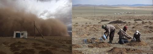 These photos, provided by Green Asia, show a sandstorm (left photo) in Mongolia and Green Asia volunteers planting trees in the country. (Yonhap)