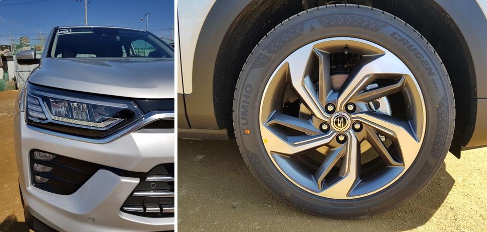 These photos taken on Feb. 26, 2019 show the front side of the all-new Korando SUV (L) and the 19-inch tires used on the tester vehicle. (Yonhap)