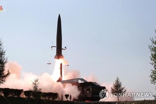 A suspected short-range missile is launched from Kusong, North Pyongan Province, in the northwestern part of North Korea, on May 9, 2019, in this photo released by the Korean Central News Agency. North Korea fired what were presumed to be two short-range missiles into the East Sea, with leader Kim Jong-un observing the launch. (For Use Only in the Republic of Korea. No Redistribution) (Yonhap)