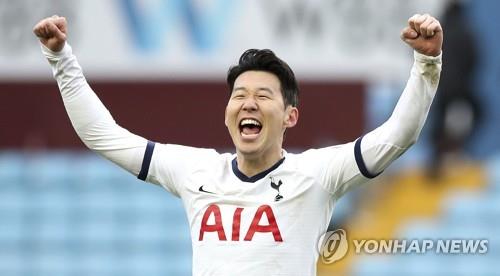 In this Associated Press photo, Son Heung-min of Tottenham Hotspur celebrates his team's 3-2 victory over Aston Villa in a Premier League match at Villa Park in Birmingham, England, on Feb. 16, 2020. (Yonhap)