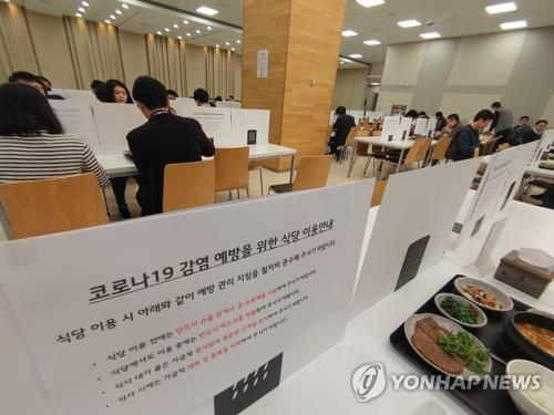 In this photo provided by LG Group on March 3, 2020, screens are set up on tables of a cafeteria at the group building in Seoul to help prevent coronavirus infections between them. (PHOTO NOT FOR SALE) (Yonhap)