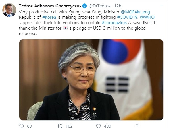 This captured image shows the Twitter posting by WHO Director General Tedros Adhanom Ghebreyesus on South Korea's anti-coronavirus efforts and his phone talks with Foreign Minister Kang Kyung-wha on March 8, 2020. (Yonhap)