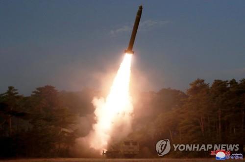 A projectile blasts off during North Korea's long-range artillery strike exercise in this photo released by the Korean Central News Agency on March 10, 2020 (For Use Only in the Republic of Korea. No Redistribution) (Yonhap)