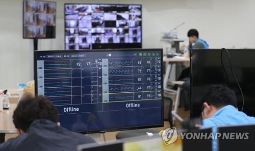 Medical staff at a community treatment center in Mungyeong, 180 kilometers southeast of Seoul, monitor COVID-19 patients quarantined at the facility on March 12, 2020. (Yonhap) 