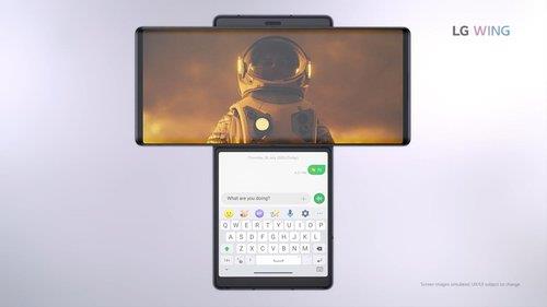 This photo provided by LG Electronics Inc. on Sept. 14, 2020, shows the company's new rotating-screen smartphone, the Wing. (PHOTO NOT FOR SALE) (Yonhap)