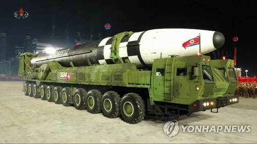 This image captured from Korean Central Television footage on Oct. 10, 2020, shows North Korea's new intercontinental ballistic missile (ICBM), which was displayed during a military parade held in Pyongyang to mark the 75th founding anniversary of the ruling Workers' Party. (For Use Only in the Republic of Korea. No Redistribution) (Yonhap)