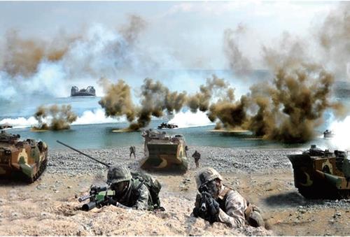 This photo provided by the defense ministry on Feb. 9, 2021, shows the South Korean and the U.S. marine corps' joint landing exercise held in April 2020. (PHOTO NOT FOR SALE) (Yonhap)