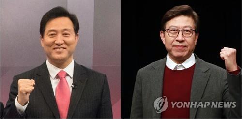 These photos show Oh Se-hoon (L) and Park Hyung-jun, who were selected on March 4, 2021, as the main opposition People Power Party's candidates for the Seoul and Busan mayoral by-elections, respectively, set for April 7. (Yonhap)