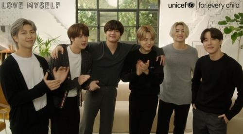 This photo, provided by the Korean Committee for UNICEF on March 5, 2021, shows BTS taking part in the "Love Myself" campaign. (PHOTO NOT FOR SALE) (Yonhap)