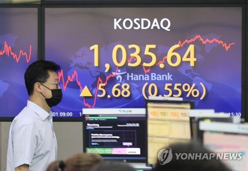 Electronic signboards at a Hana Bank dealing room in Seoul show the secondary Kosdaq index closed at a historic high at 1,035.64 on July 1, 2021, up 5.68 points or 0.55 percent from the previous session's close. (Yonhap)