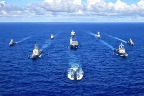 This photo from the website of the United States Seventh Fleet shows the naval forces of South Korea, the United States, Japan and Australia engaged in a joint maritime exercise in the Pacific waters near Guam, which ran from Sept. 11-13, 2020. (PHOTO NOT FOR SALE) (Yonhap)