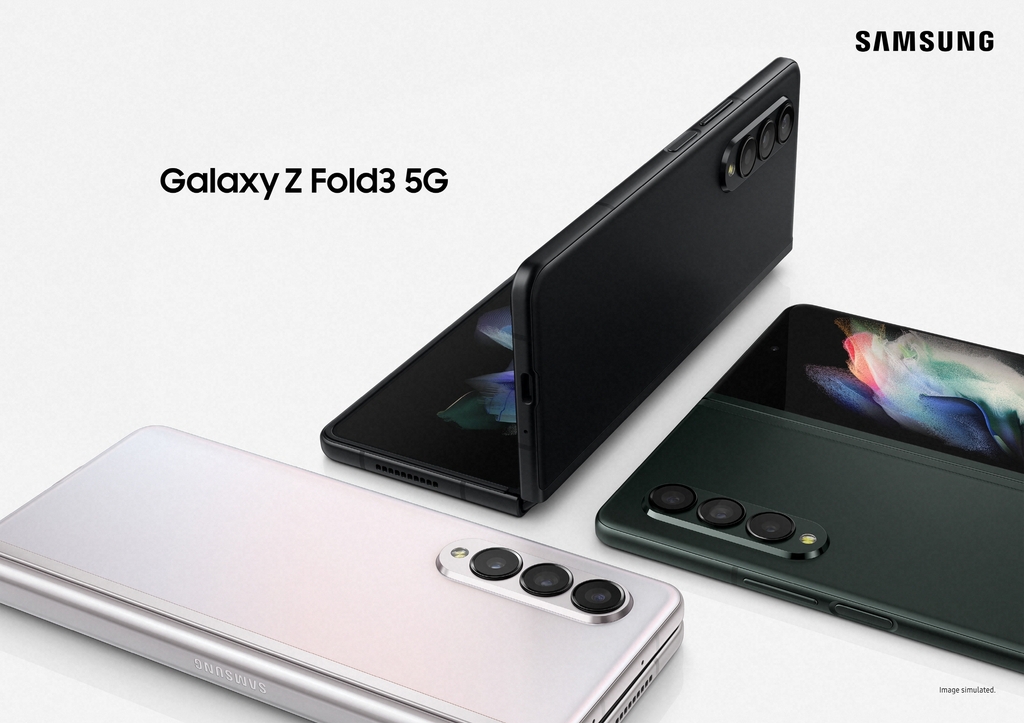 This photo provided by Samsung Electronics Co. on Aug. 11, 2021, shows the Galaxy Z Fold3 foldable smartphone. (PHOTO NOT FOR SALE) (Yonhap)