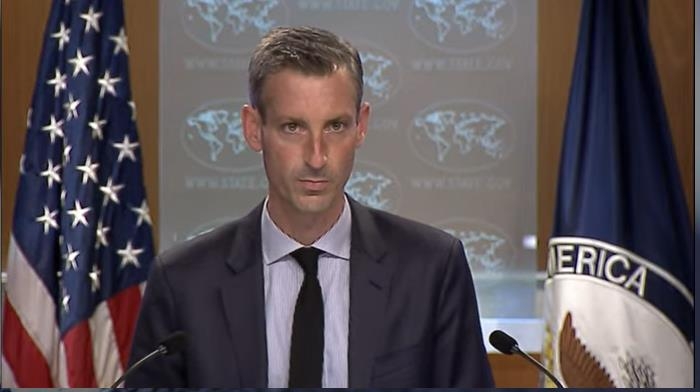 U.S. Department of State Press Secretary Ned Price is seen speaking in a press briefing at the state department in Washington on Oct. 26, 2021 in this image captured from the website of the state department. (PHOTO NOT FOR SALE) (Yonhap)