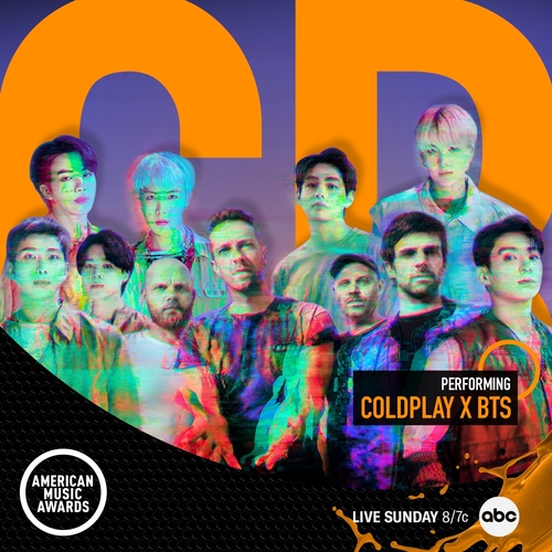 This image, provided by the American Music Awards, shows South Korean supergroup BTS will hold a joint performance with British rock band Coldplay at the 2021 American Music Awards on Nov. 21, 2021. (PHOTO NOT FOR SALE) (Yonhap)
