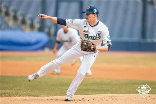 In this March 10, 2022, file photo provided by the NC Dinos, Drew Rucinski of the Dinos pitches in an intrasquad scrimmage at Changwon NC Park in Changwon, some 400 kilometers southeast of Seoul. (PHOTO NOT FOR SALE) (Yonhap)