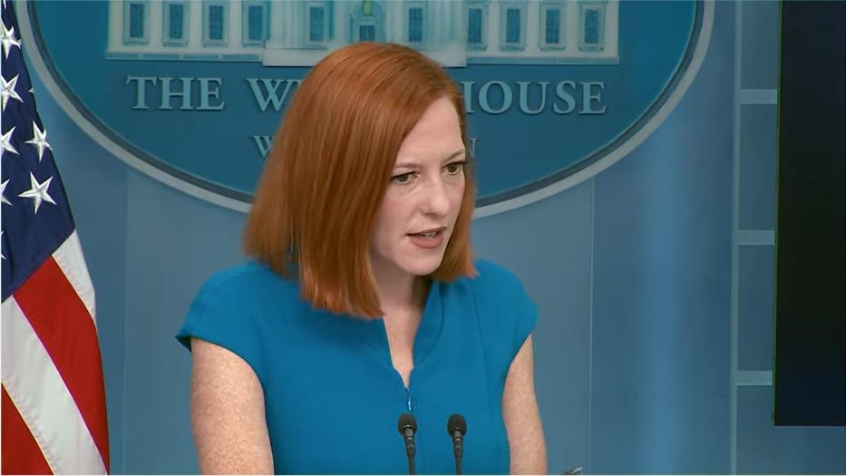 White House Press Secretary Jen Psaki is seen answering a question in a press briefing at the White House in Washington on April 13, 2022 in this image captured from the White House's website. (Yonhap)