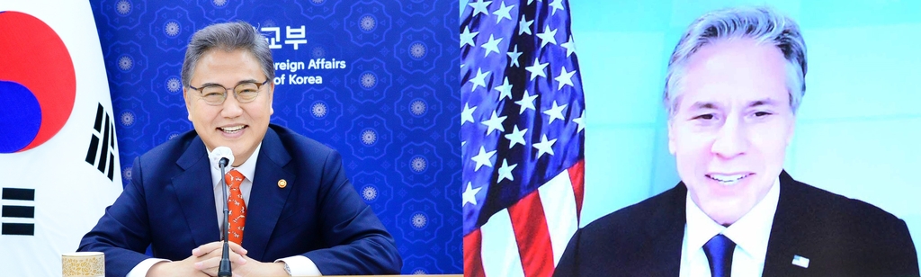 South Korean Foreign Minister Park Jin (L) and U.S. Secretary of State Antony Blinken hold video talks on May 13, 2022, in this combined photo provided by Park's ministry. (PHOTO NOT FOR SALE) (Yonhap)